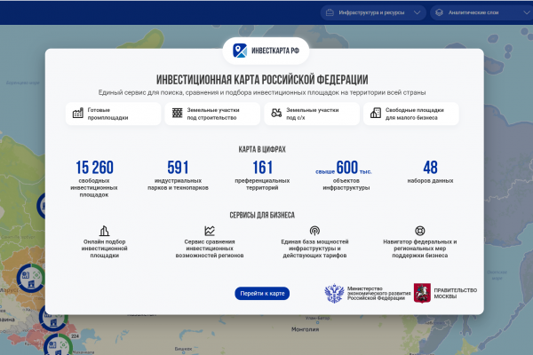 The number of sites placed on the investment map of Russia has reached more than 15 thousand